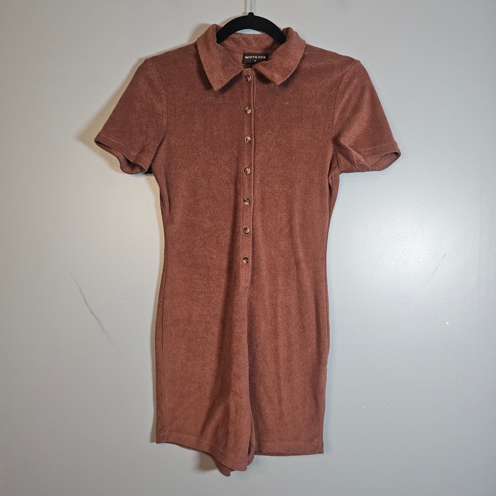 White Fox Chocolate Brown Terry Cloth Button Front Romper Small Short Sleeve